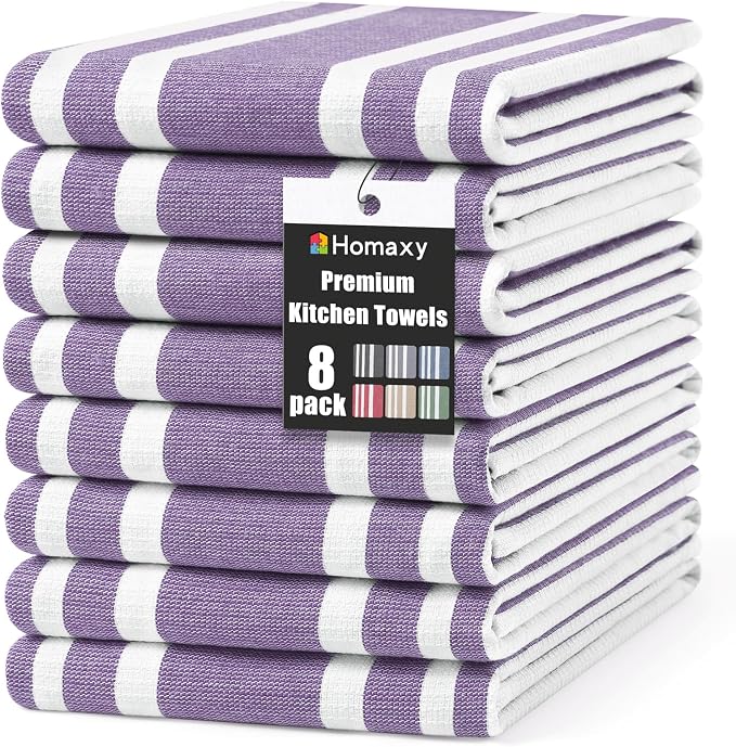 Homaxy Premium Kitchen Towels 18”x 28”, Large Cotton 380 GSM Kitchen Hand Towels, Stripe and Terry Dish Towel, Highly Absorbent Tea Towel Set with Hanging Loop, 8 Pack, Purple