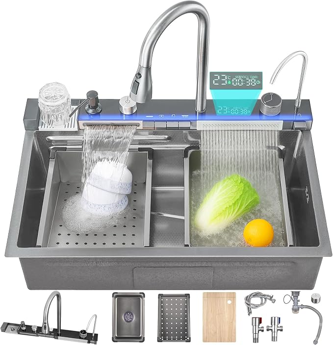 31.5 inch Smart Digital Display Waterfall Sink, 304 Stainless Steel Modern Kitchen Sink with 5 Water Outlet Modes, Waterfall Pull-Out Faucet, Cup Washers and Accessory Set
