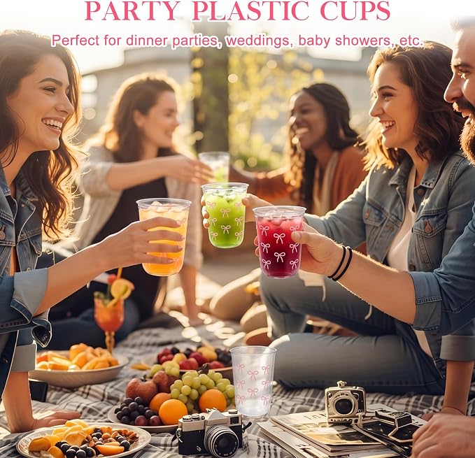 Ziliny 50 Pcs 16oz Pink Wavy Bow Cups Birthday Party Decorations Supplies Disposable Plastic Cups for Bachelorette Party Valentines Galentines Day Christmas Wedding Baby Shower