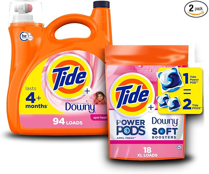 Bundle of Tide plus Downy Liquid Laundry Detergent Soap, April Fresh Scent, HE Compatible, 94 Loads, 132 fl oz + Tide Power PODs Laundry Detergent with Downy Soft Boosters, April Fresh Scent, 18 Count