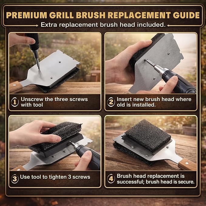 Sawysine 2 Pack Grill Brush and Scraper with 4 Replacement Heads, Wooden Handle Wire BBQ Grill Brush for Outdoor Grilling, 16.5" Bristle-Free BBQ Cleaning Brushes Barbecue Accessories