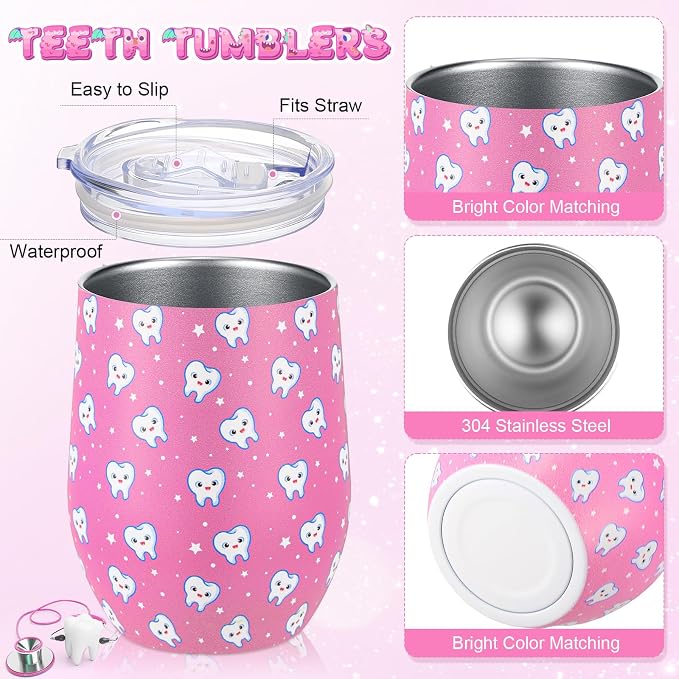 Umigy 4 Pcs Dental Assistant Gifts, Teeth Dentist Wine Tumbler, 12 oz Stainless Steel Coffee Travel Mug, Vacuum Insulated Tumbler Cup with Straw Lid and Brush Dental Hygienist CNA Week Birthday Gifts