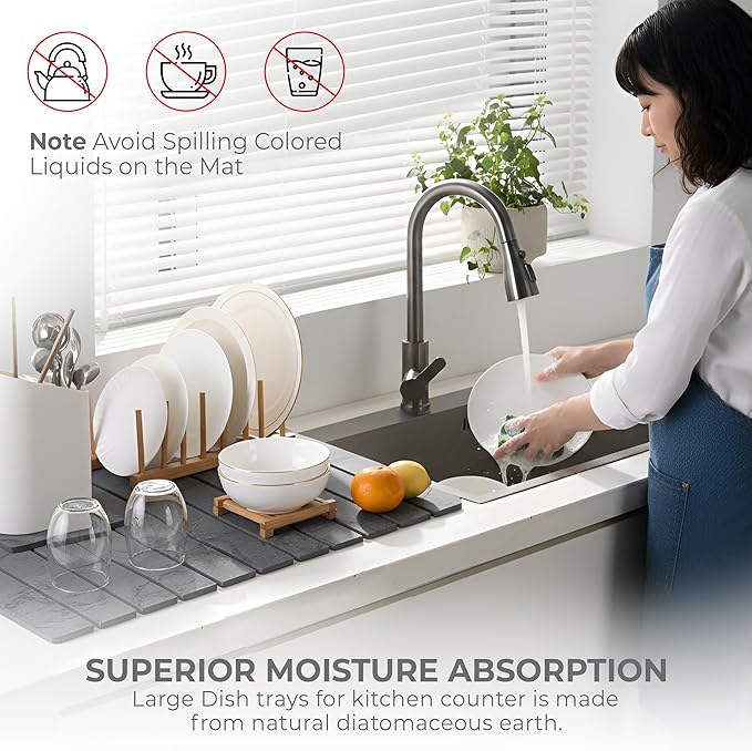 Large Stone Dish Drying Mat for Kitchen Counter, Quick Dry Stones Dishes Mats,Stone Drying Mat for Kitchen Counter, Water Absorbing Diatomaceous Earth Drying Mat (Dark Gray 24"×16" & 8"x4")