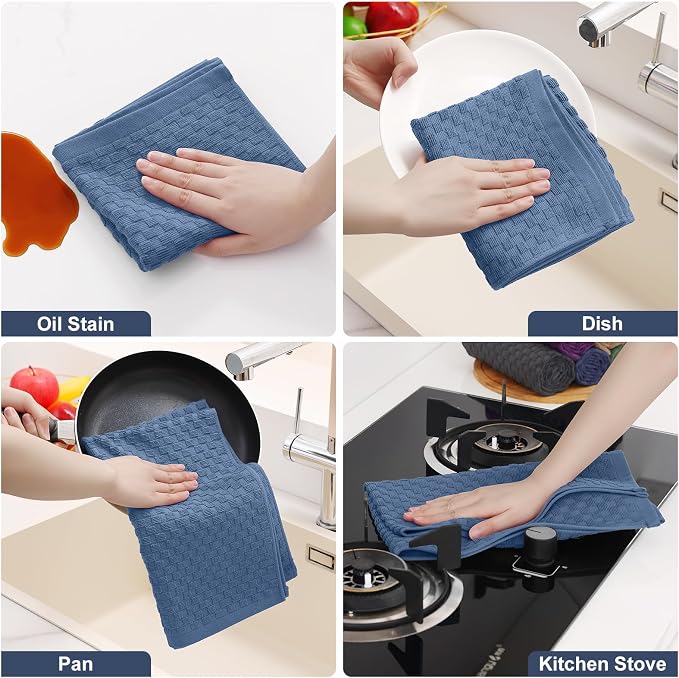 Homaxy 100% Cotton Terry Kitchen Towels(15" x 25", 12 Pack), Soft and Super Absorbent Dish Towels, 380 GSM Reusable Tea Towel with Hanging Loop, Pineapple Grid Designed, Navy Blue