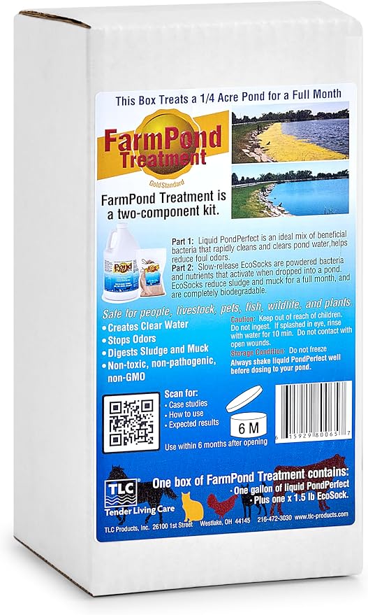 TLC Farm Pond Treatment – PondPerfect Liquid & EcoSock Dual System, Pond Bacteria for Larger Outdoor Ponds – 1 Box Treats Up to 1/4 Acre – 1 Gallon + 1 EcoSock