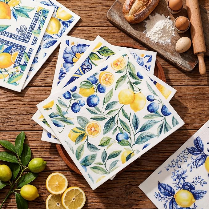 Mifoci 12 Pcs Capri Lemon Swedish Kitchen Dishcloths 7 x 8 Inch Reusable Capri Lemon Dish Towels Absorbent Cotton Cleaning Cloths for Kitchen Cleaning Wipes Housewarming
