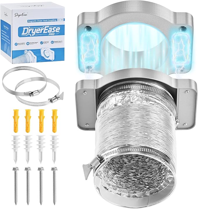 Magnetic Dryer Vent Coupling Connector Kit-DV180 Contractor-Grade Quick Connect for Tight Spaces Behind Dryer, Dual-Side Magnets, Airtight Seal, Easy to Clean, Includes 4" x 2.6ft Duct & 2 Clamps,Grey