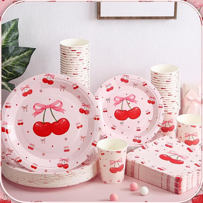 Zhehao 200 Pcs Cherry Decoration Baby Shower Plates Napkins Sets Birthday Party Bridal Shower Decoration Wedding Paper Plates Engagement Bachelorette Supplies, Serve 50