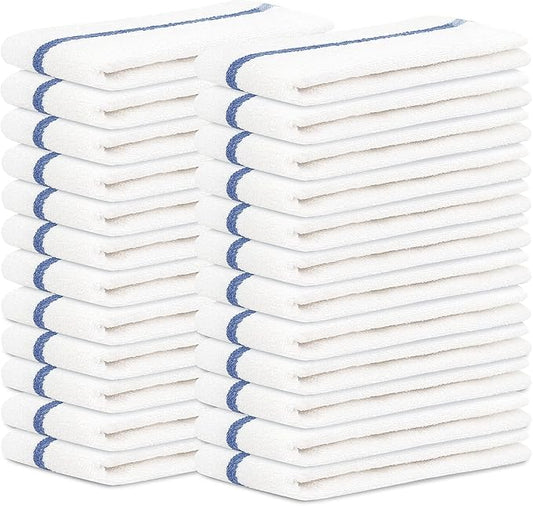 Bar Mops Blue Stripe Pack of 24 Kitchen Towels 16x19 Multi-Purpose for Home, Restaurant and Cleaning White Absorbent Washcloth Dishcloths Sets, Reusable Dish, Cloths Rags