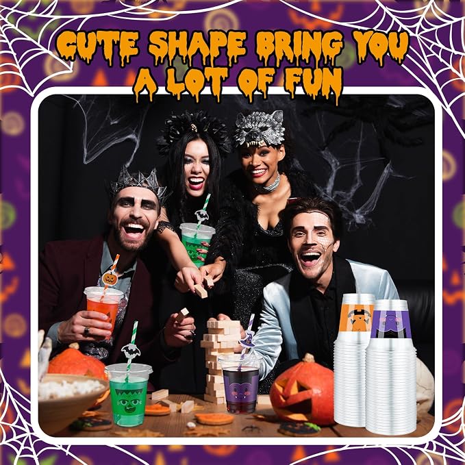 Jingmore 60 Set 12 oz Halloween Plastic Cups Disposable Clear Cups with Lids Paper Straws and Straw Cover for Halloween Party Supply Beer Beverage Snack Coffee Drink Ice Cream
