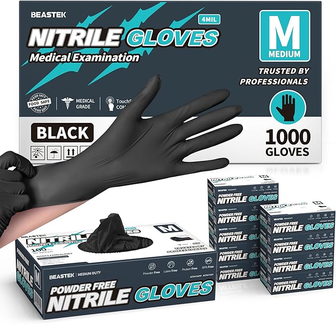 Beastek Black Disposable Nitrile Exam Gloves 100 Pcs 4Mil Chemical Resistant Powder-Free Latex-Free Food Safe Medical Cooking