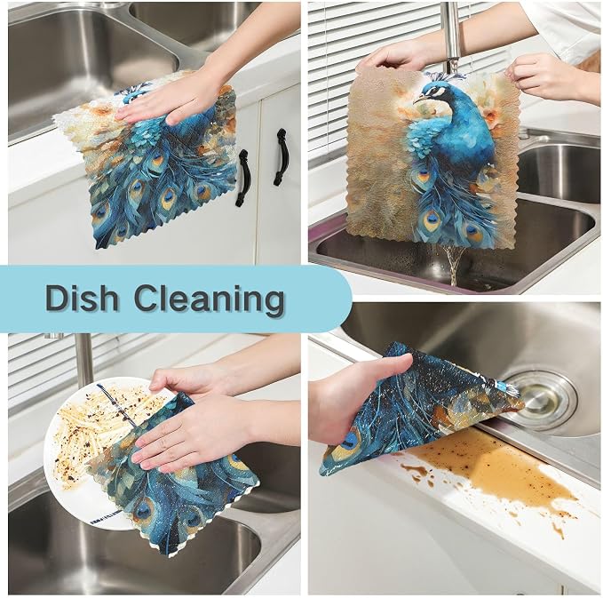 ALAZA Dish Towels Kitchen Cleaning Cloths Peacock Dish Cloths Absorbent Kitchen Towels Lint Free Bar Tea Soft Towel Kitchen Accessories Set of 6,11"x11"