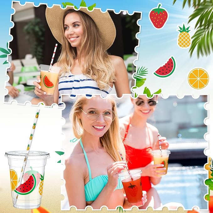 Blushtier 300 Pcs Fruit Disposable Plastic Cups with Lids and Straws 12oz Summer Party Favors Cups Fruit Disposable Clear Cups Summer Fruit Theme Party Supplies Favors