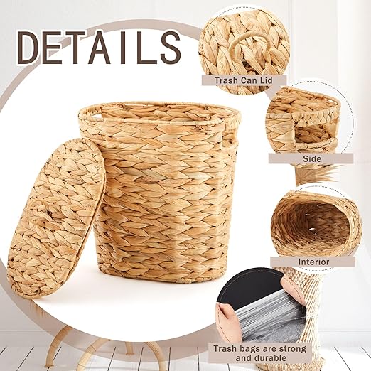 Ctosree 2.5 Gallons Small Wicker Trash Can Woven Wicker Bathroom Waste Basket with Lid Handle Boho Trash Basket with 100 Plastic Garbage Bags for Bedroom Office Laundry(Oval Style, Natural)