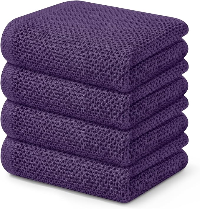 Kitinjoy 100% Cotton Waffle Weave Kitchen Hand Towels (13 X 28 Inches, Eggplant), 4-Pack Super Soft and Absorbent Dish Towel for Drying Dishes