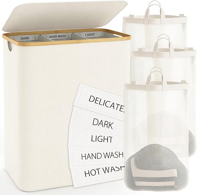 Hampers for Laundry Basket with Lid, 160L Extra Large Laundry Hamper 3 Section Dirty Clothes Hampers for Laundry Divided Laundry Basket Organizer for Bedroom,Laundry Room, Dirty Clothing Hamper, Beige