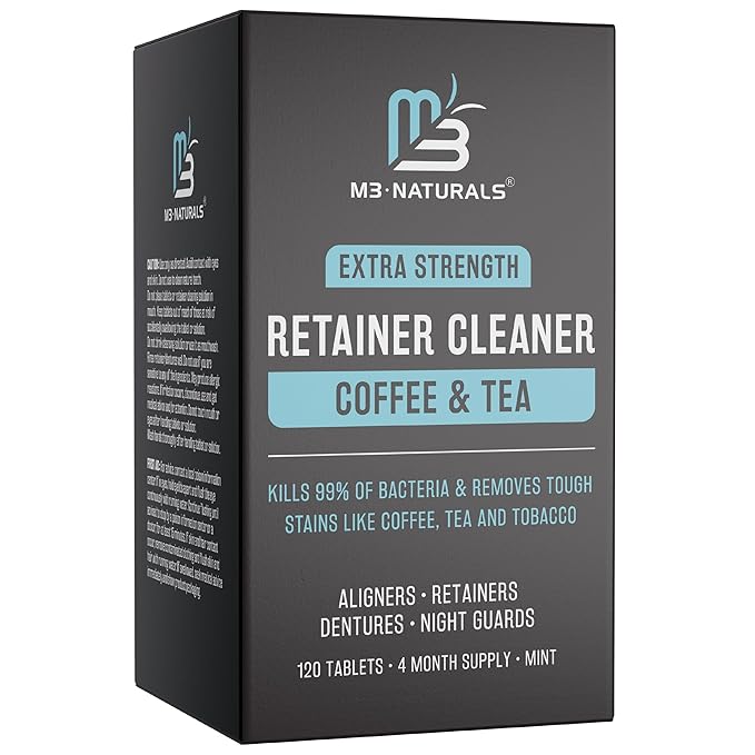 Coffee and Tea Retainer Cleaner Tablets, Removes Odors, Stains, and Plaque, 4-Month Supply, Denture Cleanser for Caffeine Enthusiasts, 120 Tablets by M3