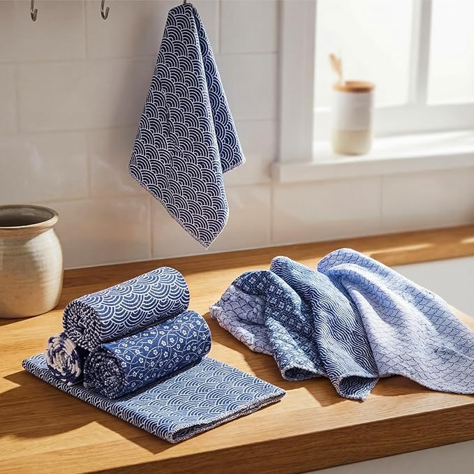 6 Pack Japanese Kitchen Tea Towels 18 x 30 Inch Blue Tenugui Traditional Towel Quick Dry Microfiber Dish Towels Modern Geometric Checkered Floral Hand Towel Home Decor Housewarming Gift for Women Men