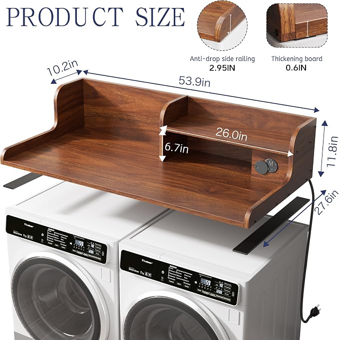 DTK Washer Dryer Countertop with Charging Station, 2 Tier Laundry Countertop with Anti-Slip Strips, 27.55" Depth x 54" Width, Wood Dryer Cover with Shelf, Walnut