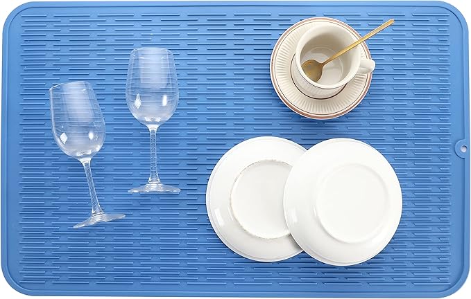 MicoYang Silicone Dish Drying Mat for Multiple Usage,Easy clean,Eco-friendly,Heat-resistant Silicone Mat for Kitchen Counter or Sink,Refrigerator or Drawer Liner Lichen BlueL 3XL 28 inches x 18 inches