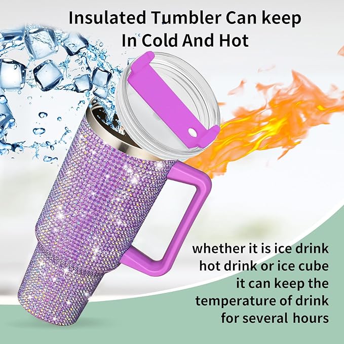 HWISDMIG 40oz Tumbler with Handle-Glitter Rhinestones Tumbler Bling Cups Stainless Steel Water Bottle Diamond Studded Tumbler for Women-Birthday Gifts for Women, Mom, Wife, Girlfriend (40 oz,Lilac)