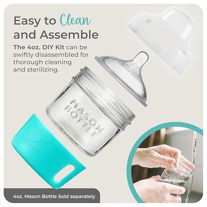 Mason Bottle Glass Baby Bottle DIY Kit – Fits 4oz Mason Jars – Includes 2X Slow Flow Nipples, Silicone Sleeve, and Cap (Ring, Lid, and Jar Not Included) – Made in USA