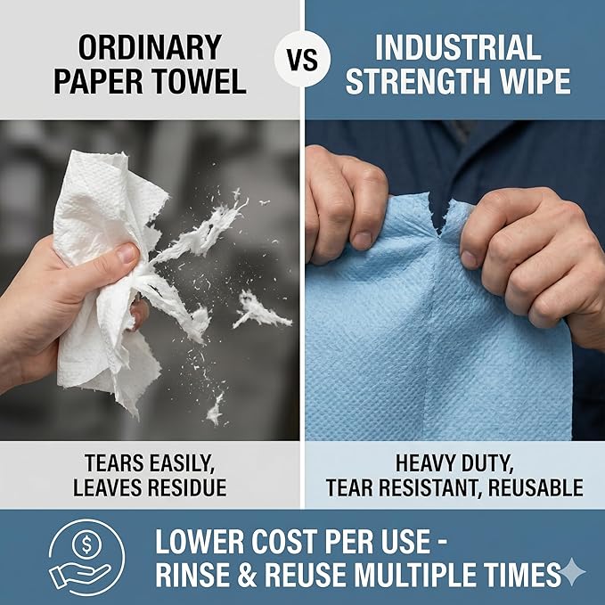 4 Rolls Industrial Cleaning Wipes Jumbo Roll, Heavy Duty Lint Free Shop Towels, Super Absorbent Reusable Cleaning Cloths for Garage Workshop Automotive, 500 Sheets 10 x 12 Inch, Blue