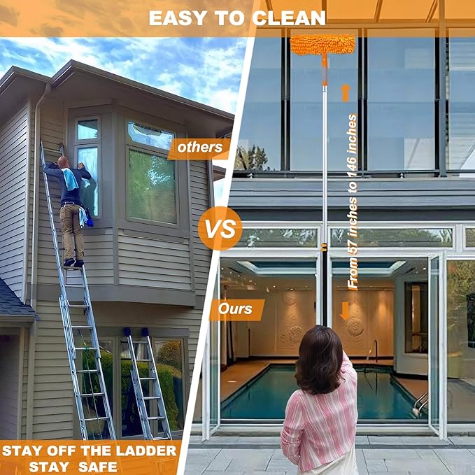 20 Ft+ Reach 2 In 1 Window Squeegee Duster with 5-to-12 Foot Extension Pole, Cleaner Tool with 3-Stage Telescoping Pole, Cleaning Kit with Rotatable Head - Chenille Cloth + Microfibre Cloths Head