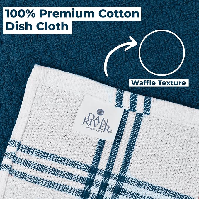 DAN RIVER Premium Dish Cloth 100% Cotton 12 X 12 Inches |Pack of 8|-Ultra Soft Tea Towels-Highly Absorbent Kitchen Rags-Terry Dishcloth for Kitchen and Household Cleaning |Blue Opal|