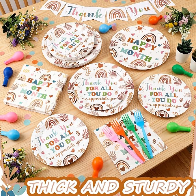 Remerry 96 Pcs Happy OT Month Party Supplies Occupational Therapist Appreciation Plates and Napkins Set Decoration Boho Thank You Medical Staff Themed Disposable Plates for OT Month Party Supplies