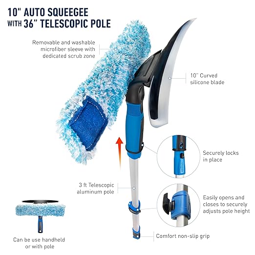 Unger 10" Curved Silicone Auto Squeegee with 3' Telescopic Pole, Flexible Blade for Window Curves, Windshield Cleaner Tool, Non-Scratch Microfiber Sleeve for Streak-Free Results, Machine Washable