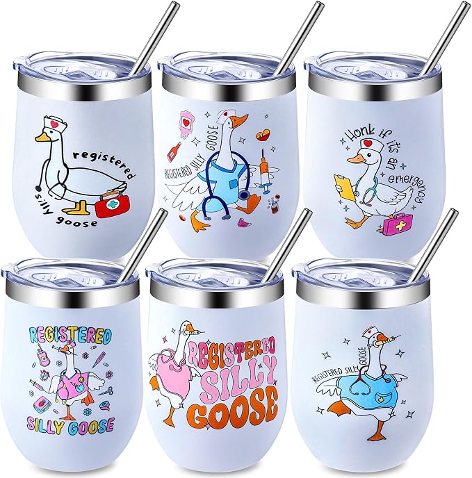 LemonRoad 6 Pcs Funny Silly Goose Nurse Tumbler 12 oz Insulated Stainless Steel Travel Mug with Lid and Straw Rn Graduation Gift New Grad Nurse Appreciation for Women Men Student Nursing Class