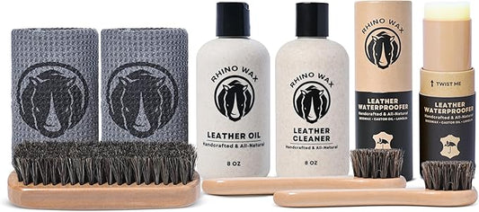 Rhino Wax - Complete Leather Cleaning and Conditioning Kit (Oil + Conditioner + Cleaner + Waterproofing Wax + Brushes + Cloths) - Cleans, Revitalizes and Protects Leathers - Proudly Made in the USA