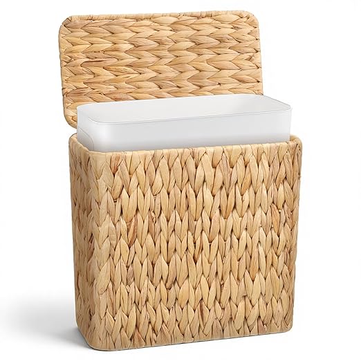 WLLHYF Wicker Waste Basket with Lid Water Hyacinth Handwoven Garbage Can Small Bathroom Trash Can Boho Rattan Wastebasket with Removable Liner for Bedroom Home Living Room Office Kitchen