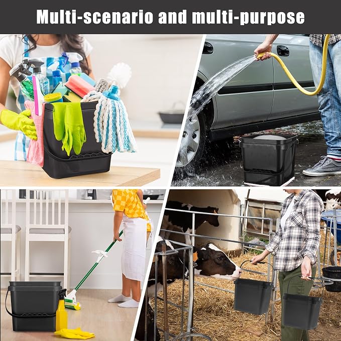 Jingmore 4 Pcs Plastic Bucket 5 Quart Square Bucket Utility Small Pail with Handle Sturdy Pail Organizer for House Cleaning Storage Livestock Feeding Car Washing Food Storage, No Lids(Black)