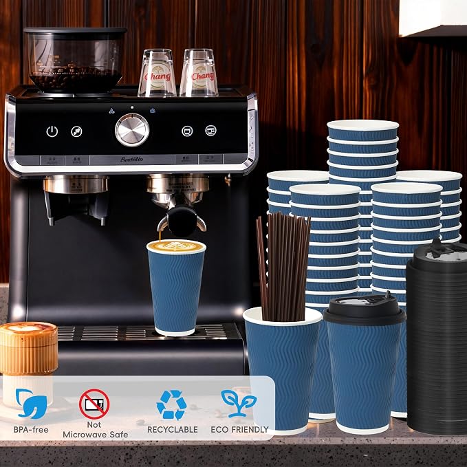 16 oz 100 Pack Corrugated Ripple Wall Disposable Coffee Cups with Lids and Straws, Heavy Duty Insulated Cups for Hot Beverage or Cold Drinks, Bulk for Restaurants, Offices, Coffee Shops(Blue)