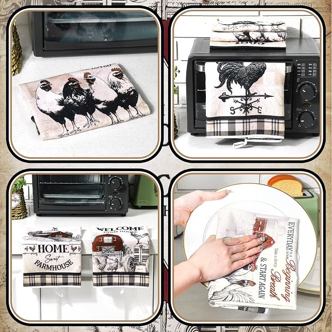 Bencailor 6 Pcs Farmhouse Kitchen Towels Chicken Rooster Kitchen Decor Farm Animal Hand Towels for Cooking Baking Housewarming Gift,15.75 x 23.62 inch(Retro Gray,Barn Farm)