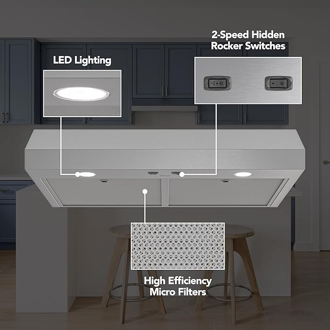 Broan-NuTone 30-Inch Stainless Steel Under Cabinet Range Hood- Trusted Quiet Power with 350 CFM, 1.5 Sones for Effective Everyday Kitchen Ventilation
