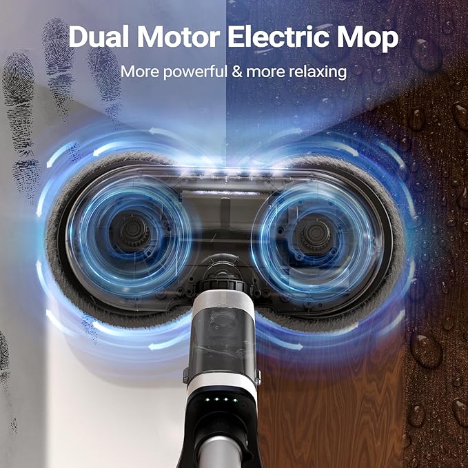 iDOO Electric Cordless Spin Dust Mop, Electric Mops for Floor Hardwood Tile Cleaning with Sprayer & LED Headlight, Rechargeable Dual-Motor, Quiet Self Propelled, Water Tank 4 Replaceable Heads, White