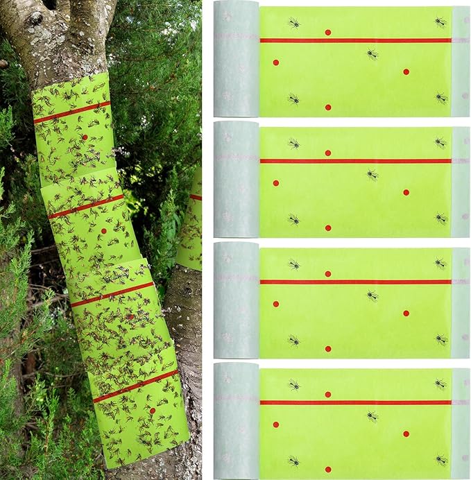 Qualirey 4 Rolls Spotted Lantern Fly Traps 30 Feet Each Roll Fly Tree Trap Sticky Strips Outdoor Fruit Glue Strips Disposable Tape Indoor Paper Sheets for Protecting Trees (Green)