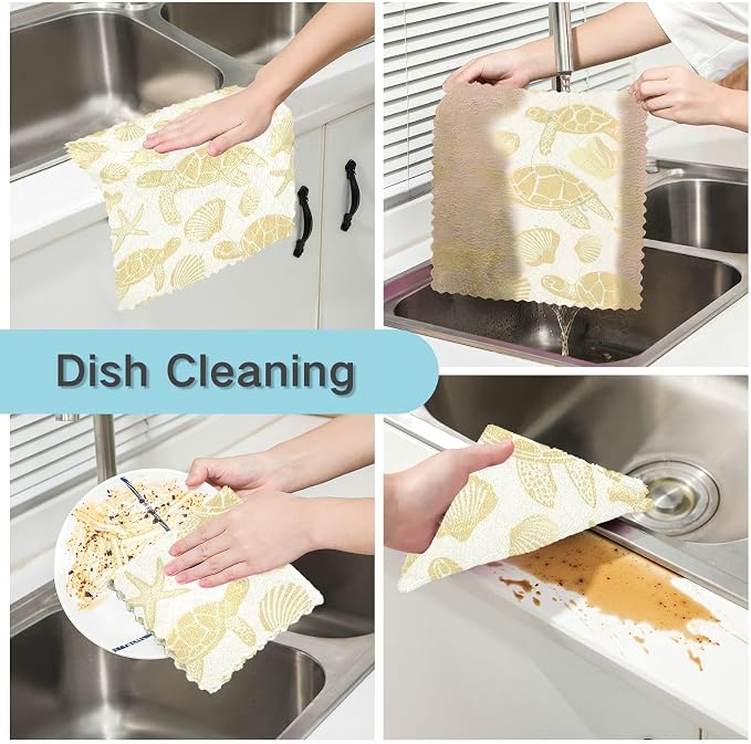 Gold Yellow Turtles Starfish and Seashell Kitchen Towels Dish Cloths Set of 6 Microfiber Cleaning Cloths for Cars Super Absorbent Machine