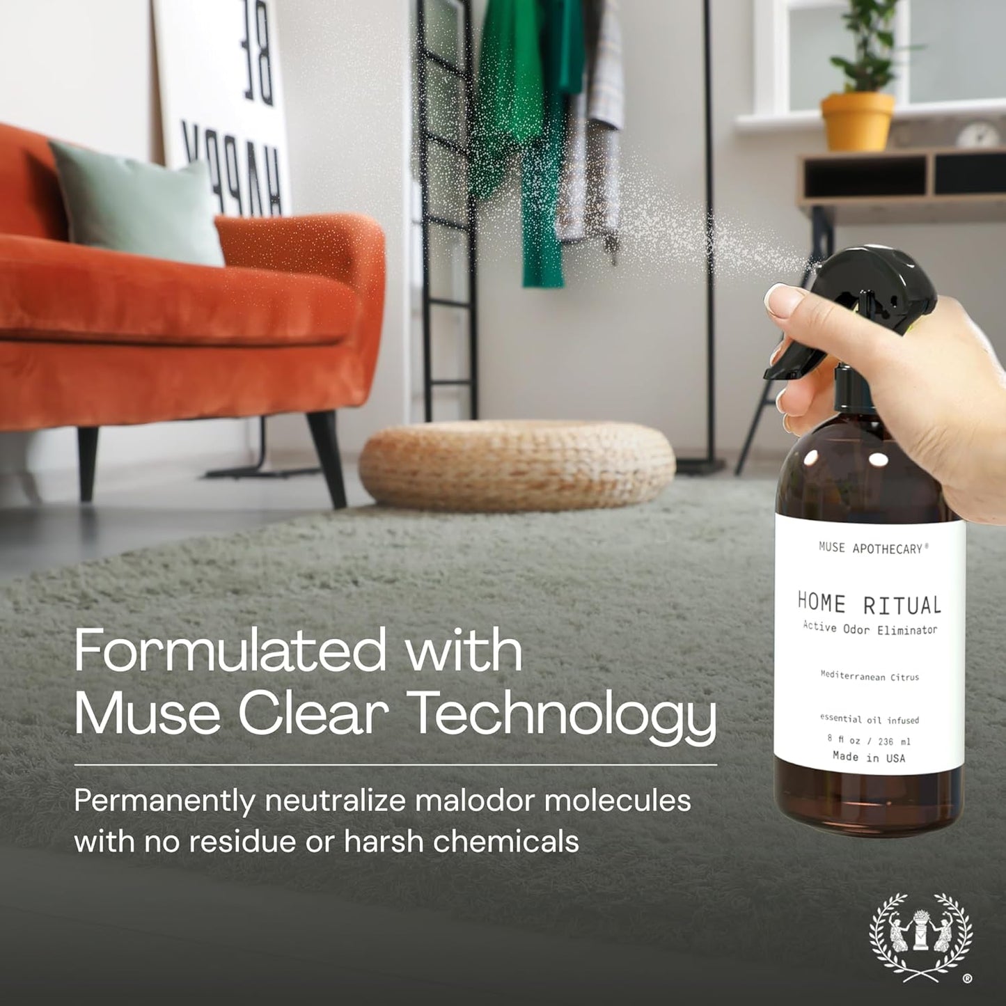 Muse Apothecary Home Ritual Active Odor Eliminator Spray - Furniture Deodorizer Spray & Bathroom Odor Eliminator for Home - Essential Oil Air Freshener - 4oz, Fresh Linen