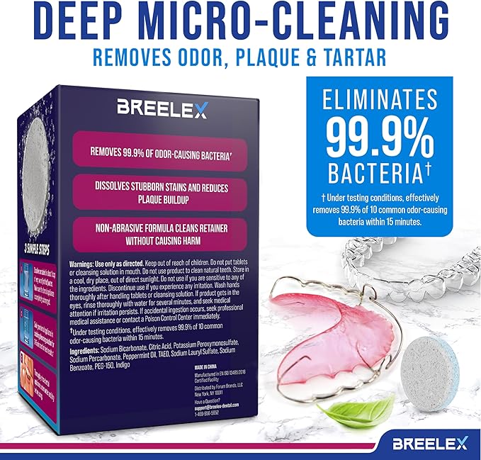 Breelex Retainer Cleaner Tablets - Pack of 2, 240 Tablets - Deep Stain Removal with Denture Cleaning Tabs - Gentle Night Guard Cleaner - Fits Retainer Case & Denture Case