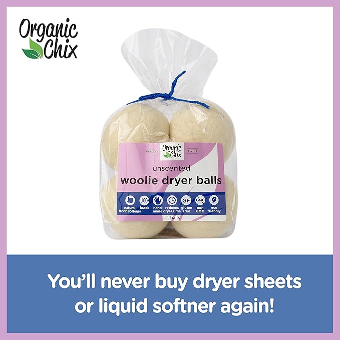Organic Chix All Natural Unscented Dryer Balls - 100% Pure Wool, Reusable & Natural Alternative to Fabric Softener & Dryer Sheets - Handmade in USA, Non-GMO (4 Pack, 1000+ Loads)