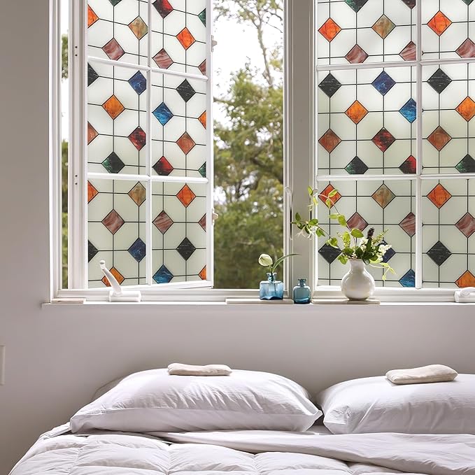 DKTIE Stained Glass Window Film Geometric Patterns, Fine Frosted Window Clings for Glass Windows, Waterproof for Bathroom Window Privacy Film Day and Night (S533, 35.4in X 78.7in)