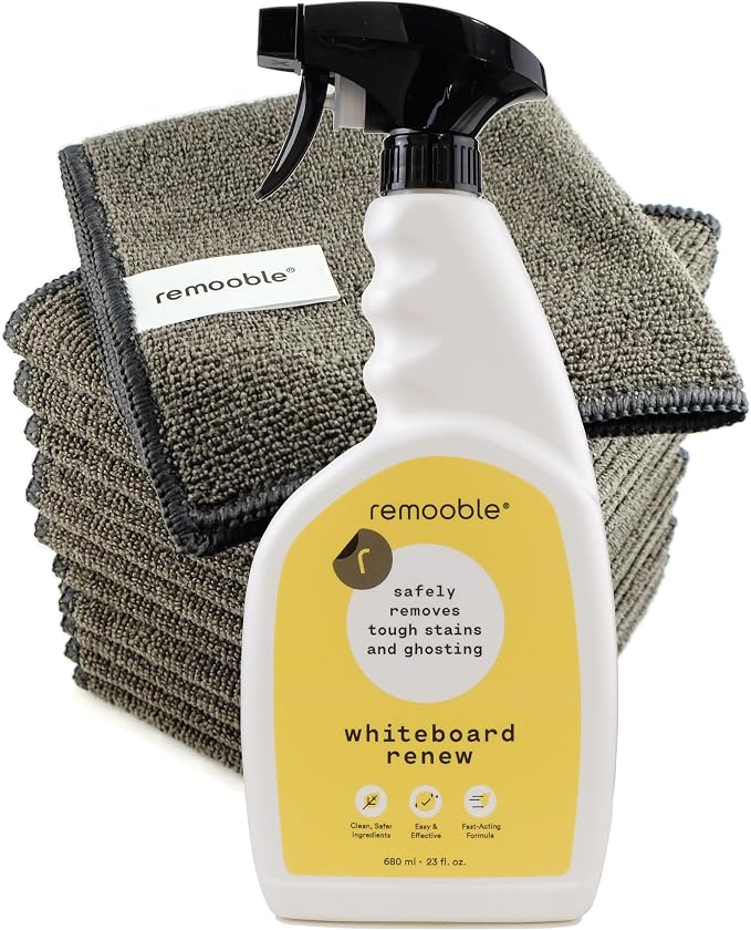 Remooble 12 Pack Microfiber Cleaning Cloth & 23 oz Dry Erase Whiteboard Cleaner Spray - Safely Removes Tough Stains and Ghosting