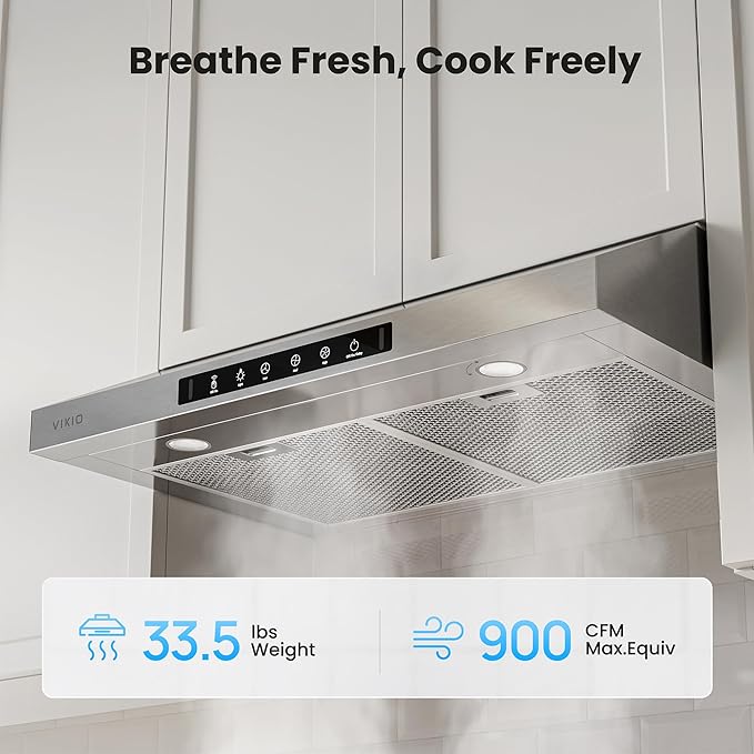 VIKIO HOME 36 Inch Under Cabinet Range Hood 900 CFM, Dual Motor Powerful Kitchen Vent Hood, Gesture & Touch Control, Ultra Quiet DC Motor, Dishwasher-Safe Filters, LED Lights, Stainless Steel