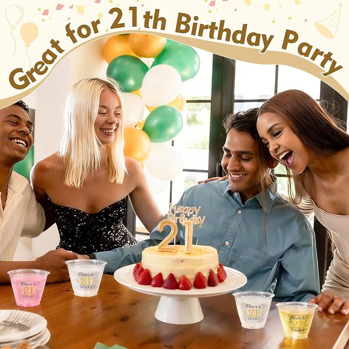 LemonRoad 100 Pack 21st Birthday Cup 9 oz Cheers to 21 Years Birthday Disposable Clear Plastic Cocktail Cups Hot Cold Beverage Drinks for Men Women Wedding Anniversary Decorations Party Favors