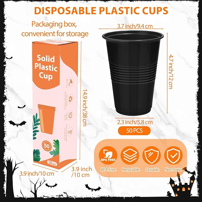 Kochorie 50 Pack Disposable Plastic Cups 16 Oz Solid Color Drinking Cups Party Supplies Strong and Sturdy Drinkware Cup For Birthday, Wedding, Christmas, Halloween & Daily Use, Black