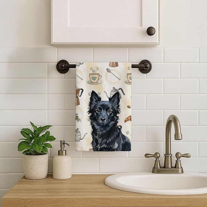 Caroline's Treasures Schipperke Coffee Bar Kitchen Towel Velour Plush Front and Cotton Loop Back Machine Washable